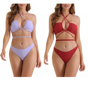 INSPIRE CHIC Women's Halter Double Lace Up Tie Back Triangle Bottoms Swimwear Bathing Bikini Suits 2 Sets - 1 of 4
