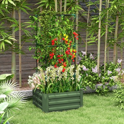 Green Galvanized Steel Raised Garden Bed with Tomato Trellis