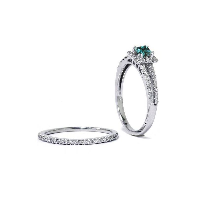 Pompeii3 3/4ct Blue Diamond Princess Cut Halo Diamond Engagement Ring Set 14K White Gold, 2 of 5