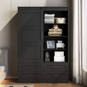 ORRD Tall Armoire Wardrobe with Hanging Rod, Barn Door, Drawers & Shelves - Bedroom Closet Storage Cabinet - 1 of 4