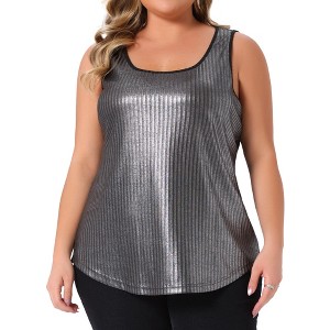 Women's Plus Size Metallic Glitter Shiny Square Neck Sleeveless Club Party Tank Tops - Agnes Orinda 2X Silver - 1 of 4