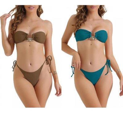 INSPIRE CHIC Women's Metal Ring Bandeau Tie Side Bathing Suit High Cut Swimwear Bikini Suit 2 Sets