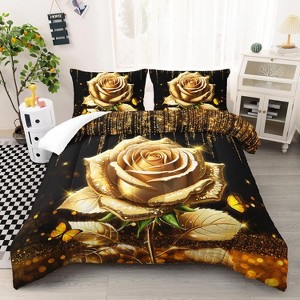 Hachikiko Golden Rose & Butterfly Comforter Set - Romantic Black Gold Bedding with 2 Pillowcases - 1 of 4