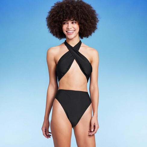 New Look Ruched Halter Neck Swimsuit - Bright Blue