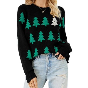 Clearlove Women's Festive Christmas Tree Embroidery Knit Sweater Long Sleeve Crewneck Touch Pullover Holiday Comfort Wear - 1 of 4