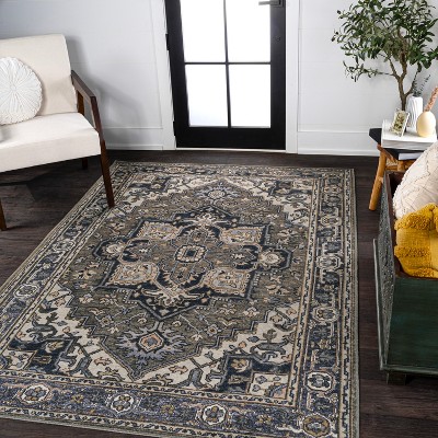 Cirali Green Navy Cream Washable Medallion Area Rug 4' x 6'
