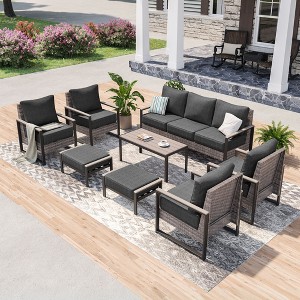 Sonkuki Outdoor Furniture Set Patio Conversation Sofa with Coffee Table Set, All-Weather PE Rattan Couch with Cushion - 1 of 4