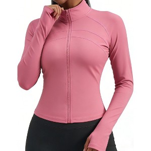 Women's Long Sleeve Zip Up Crop Top Slim Fit Workout Jacket with Thumb Holes - 1 of 3