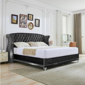 Christopher Knight Home Nathan Velvet Tufted Platform Bed with Wingback Headboard and Nailhead Trim - 1 of 4