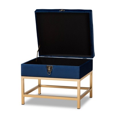 Navy Blue Velvet Tufted Storage Ottoman with Gold Metal Legs