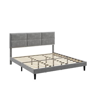 King Upholstered Bed Frame with Headboard, Grey Velvet Platform with Wood Slats, No Box Spring Needed, Noise-Free - 1 of 4
