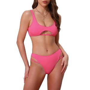 INSPIRE CHIC Women's Cutout Racerback Ribbed Bikini Sets, Scoop Neck Top Triangle Bottom Swimwear Bathing Suits 1 Set - 1 of 4