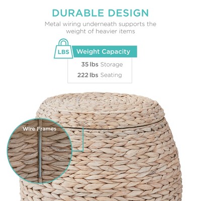 Round Beige Hyacinth Storage Basket with Metal Handles and Lid