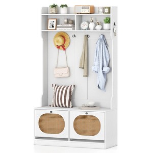Costway 4-In-1 Hall Tree Entryway Bench with Coat Rack & Flip Drawers 6 Dual-Hook Hangers Black/White/Natural - 1 of 4