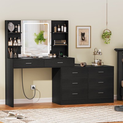 USIKEY 65.9'' Vanity Desk with LED Lighted Mirror & Power Outlet, Modern Corner Makeup Vanity Table with 8 Drawers & Open Shelves
