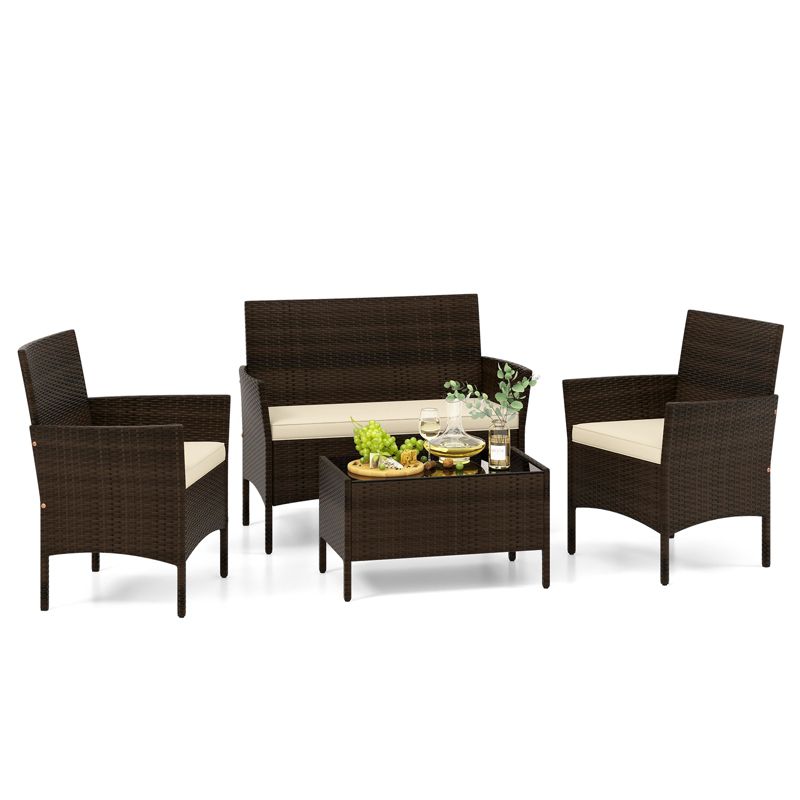Tangkula 4 Piece Patio Rattan Conversation Set Outdoor Wicker Furniture Set w/ Chair Loveseat & Tempered Glass Table Beige/Black/Gray/Navy/Turquoise, 1 of 11