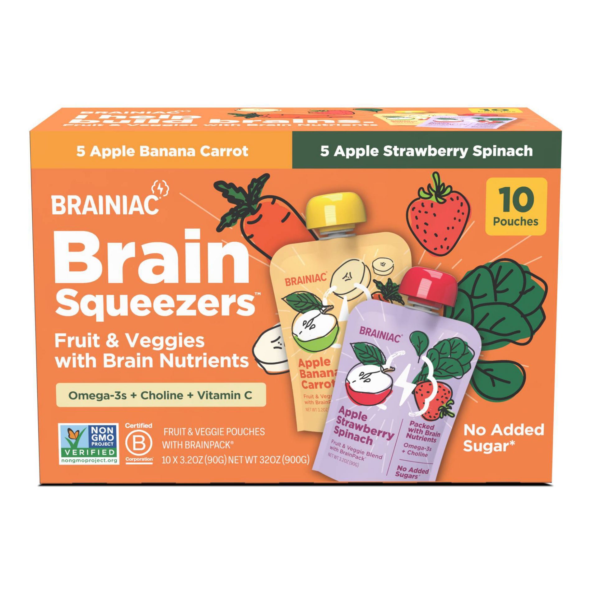 Brainiac Kids Brain Squeezers Applesauce Pouches Fruit and Veggie Variety Pack Apple Banana Carrot & Apple Strawberry Spinach - 3.2oz/10ct