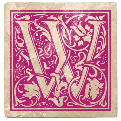 Christmas by Krebs 4pc Ivory and Tutti Frutti Pink Alphabet "W" Square Monogram Coasters 4"