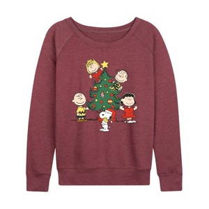 Women's - Peanuts - Peanuts Christmas Tree Lightweight French Terry Wide Neck Long Sleeve Graphic Shirt - 1 of 4