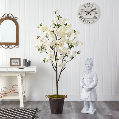 6-ft White and Pink Cherry Blossom Artificial Tree in Rustic Metal Pail