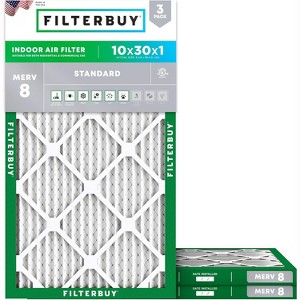 Filterbuy 10x30x1 Air Filter (3-Pack), Pleated MERV 8 Dust Defense Replacement HVAC AC Furnace Filters (Actual Size: 9.50 x 29.50 x 0.75) - 1 of 4
