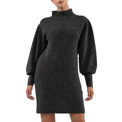 August Sky Women's Heather Mock Neck Balloon Sleeve Sweater Dress