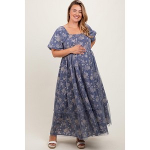 Pinkblush Navy Floral Mesh Square Neck Short Puff Sleeve Maternity Plus Midi Dress - 1 of 4