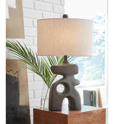 Distressed Black Sculptural Table Lamp with Oval Shade