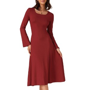INSPIRE CHIC Women's Knit Midi A-Line Drawstring Back Square Neck Long Sleeve Dresses - 1 of 4
