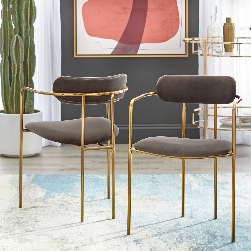 Photos - Dining Table Buylateral Set of 2 Healey Retro Velvet Dining Armchairs Gray: Gold Tone Metal Frame, Mid-Century Modern Style