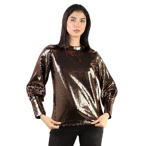 Artyska Women’s Metallic Shiny Sequin Long Sleeve Mock Neck Party Top - 1 of 4