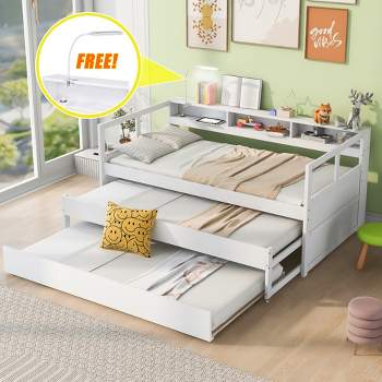 Twin XL Wood Daybed with 2 Trundles, 3 Storage Cubbies, 1 Light for Free and USB Charging Design - ModernLuxe