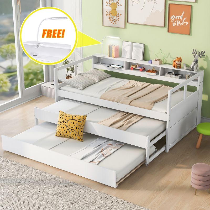 Twin XL Wood Daybed with 2 Trundles, 3 Storage Cubbies, 1 Light for Free and USB Charging Design - ModernLuxe, 1 of 13