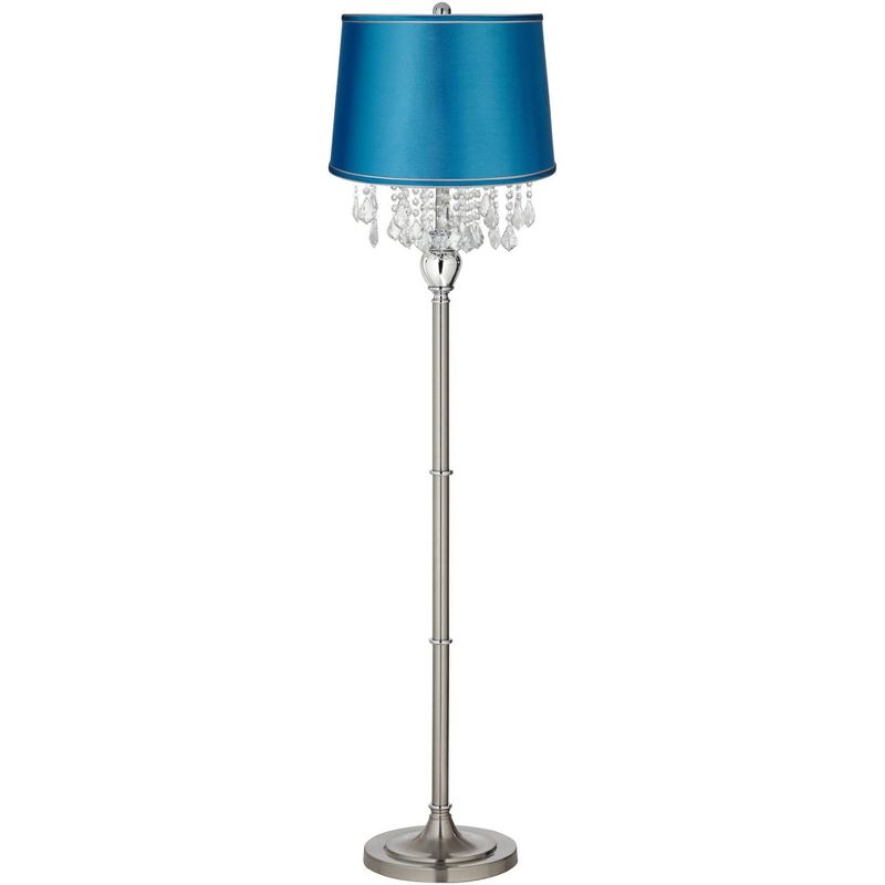 360 Lighting Modern Floor Lamp 62.5" Tall Satin Steel Chrome Crystal Strands Turquoise Satin Drum Shade for Living Room Reading Bedroom, 1 of 4