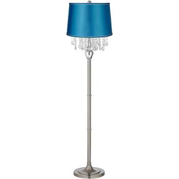 360 Lighting Modern Floor Lamp 62.5" Tall Satin Steel Chrome Crystal Strands Turquoise Satin Drum Shade for Living Room Reading Bedroom