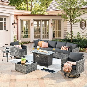 Ovios Venice 9pc Wicker Outdoor Patio Furniture Set Conversation Sofa with a Metal Fire Pit, Swivel Chairs and Cushions - 1 of 4