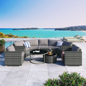 9-Pieces Modern Backyard Wicker Half Moon Sectional Sofa Set,Round Outdoor Patio Sofa with Cushions,Modular Patio Conversation Set-Coolbibila - 1 of 4