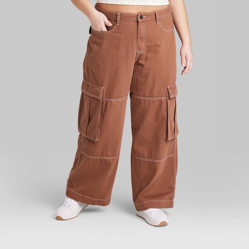 Women's Mid-Rise Cargo Baggy Wide Leg Utility Jeans - Wild Fable™ Brown Wash, 3 of 9