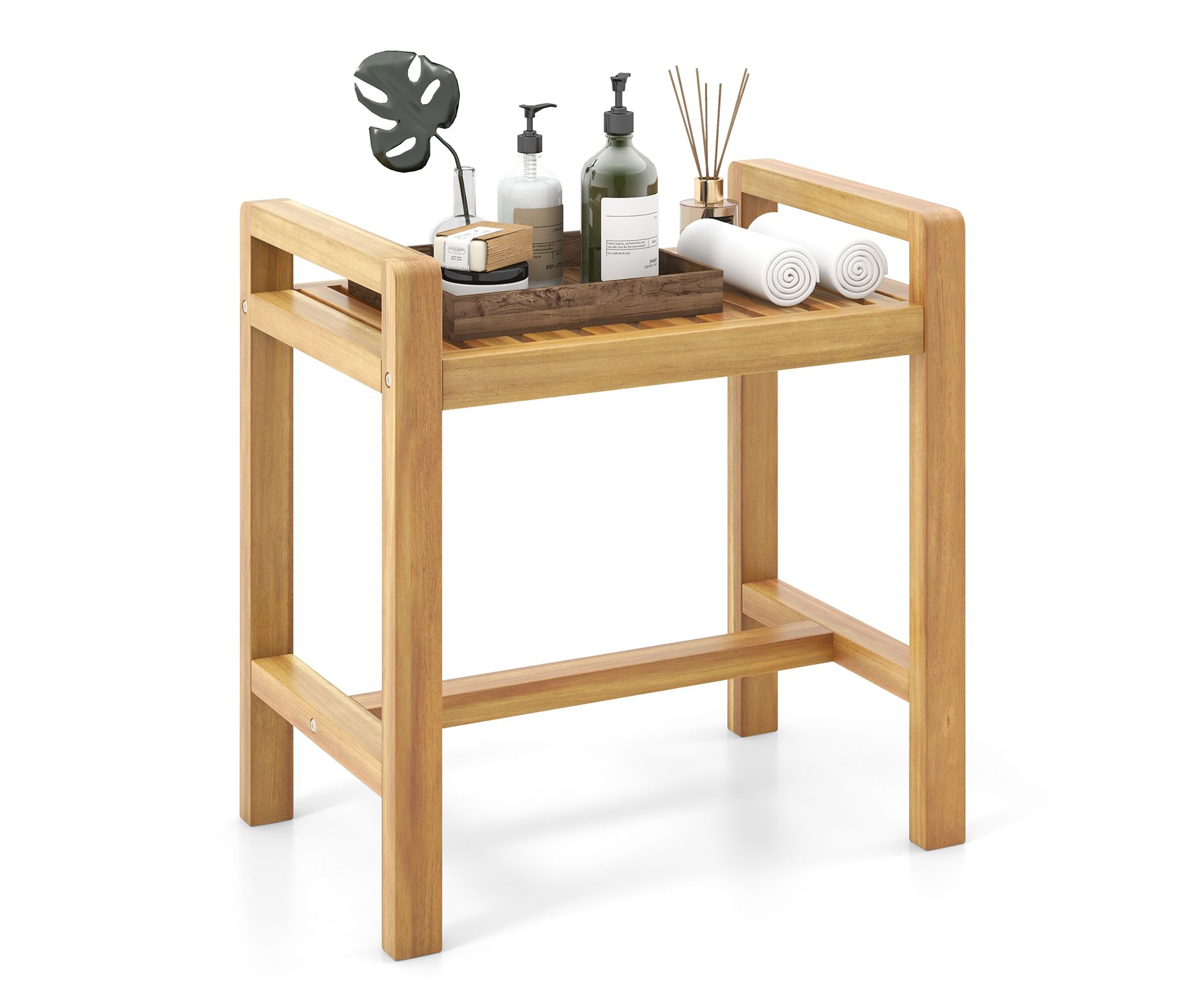 Costway Teak Wood Shower Bench Solid Wood Stool for Inside Shower Shaving Legs Natural