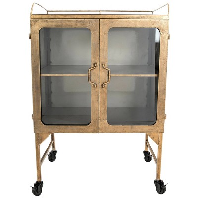Antique Brass Metal Bathroom Cabinet with Glass Doors and Locking Wheels