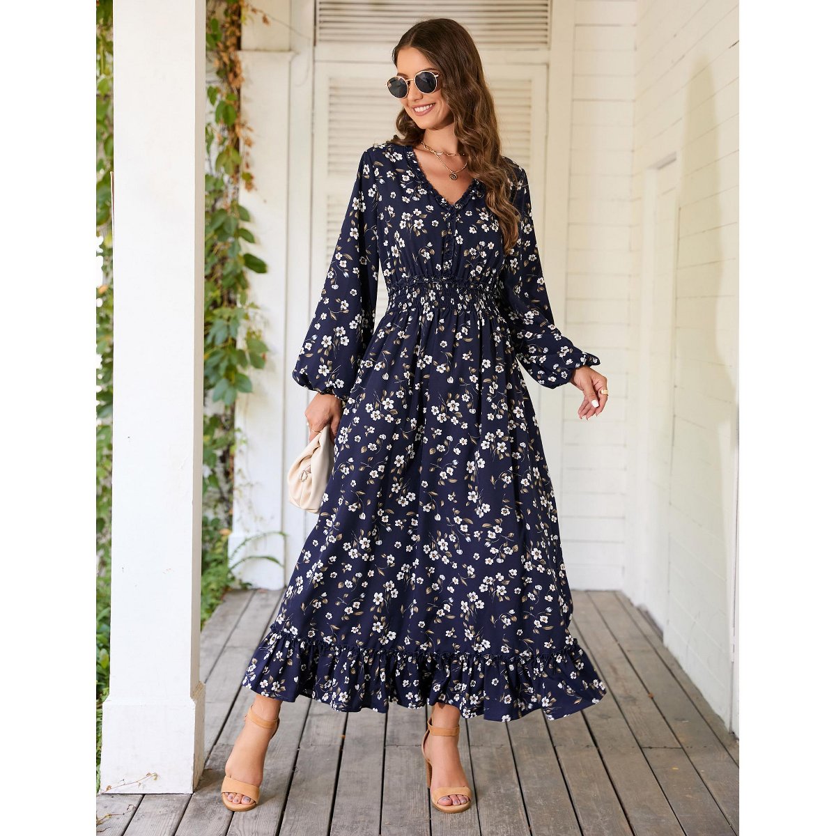 Женские платья YesFashion Casual V Neck Boho Floral Print Wedding Guest Maxi Dresses for Women Bohemian Flowy Maxi Dress Dark Blue M — фото 2