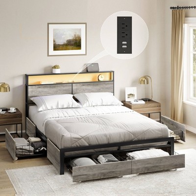 WOWLIVE Queen/Full/King Size Bed Frame with 4 Drawers, Modern bed with LED Light and Charging Station, Storage Headboard, HB00