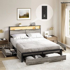 WOWLIVE Queen/Full/King Size Bed Frame with 4 Drawers, Modern bed with LED Light and Charging Station, Storage Headboard, HB00 - 1 of 4