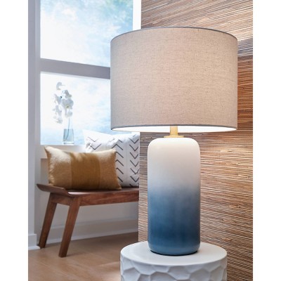 Blue and White Ceramic Table Lamp with Drum Shade