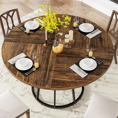Brown Round Wood Dining Table with Black Metal Base, 47.2 Inch