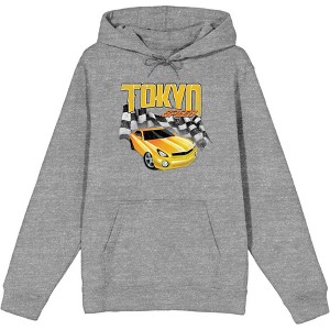 Car Fanatic - Tokyo Speed Racing Flag and Yellow Car Adult Long Sleeve Hoodie - 1 of 2