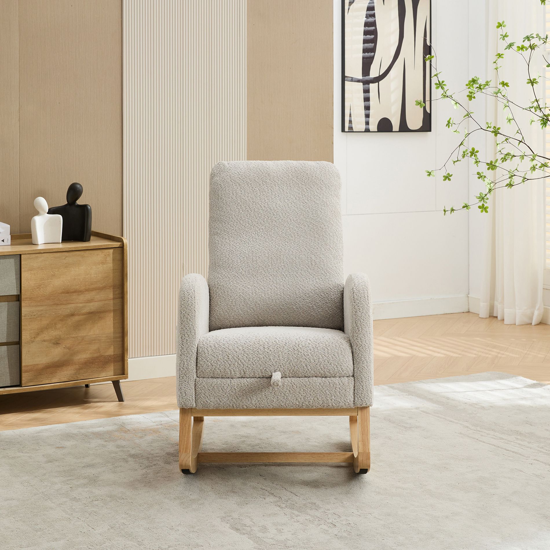 TiramisuBest 25.4"W Nursery Rocking Glider Chair with High Back, Retractable Footrest & Side Pocket, Rubber Wood Legs, Light Gray