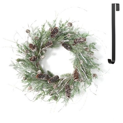 Sullivans Artificial Cedar and Pine Wreath and Hanger Set 24"H Wreath 14"H Hanger, Green & Black