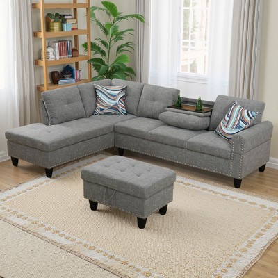 3-Piece Set Of Brown Grey Linen Combination Sofa L-Shaped Living Room Sofa