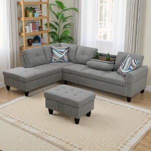 3-Piece Set Of Brown Grey Linen Combination Sofa L-Shaped Living Room Sofa - 1 of 4